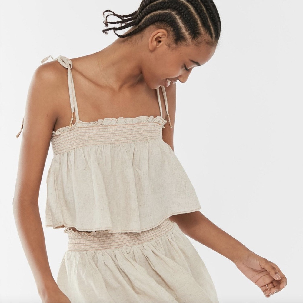 NWT Urban Outfitters Save Tonight Tie Cropped Tank Top Neutrals Linen Cream